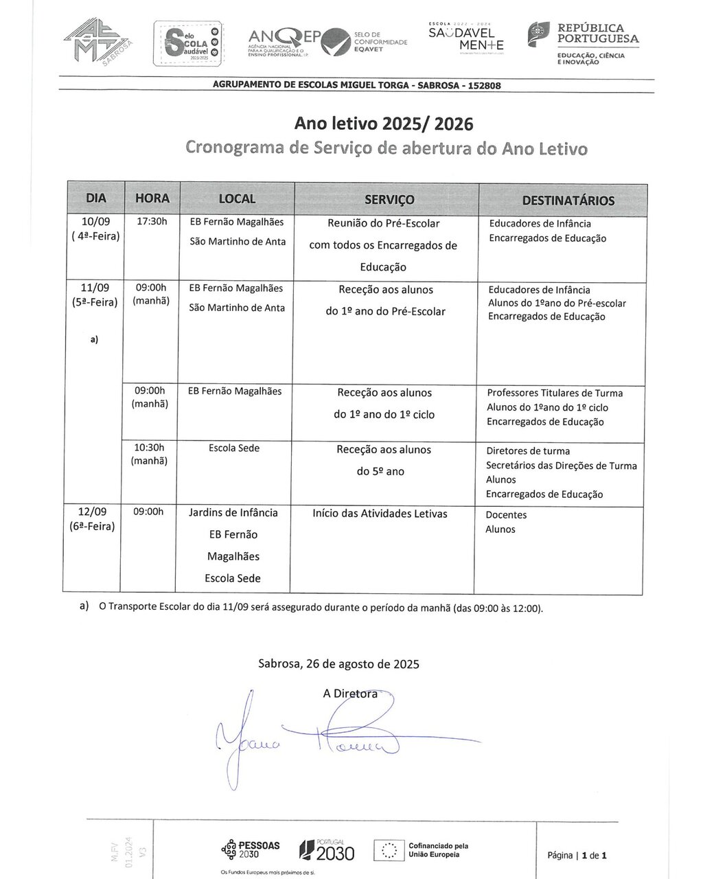 Calendário para o Ano Escolar 2025/2026